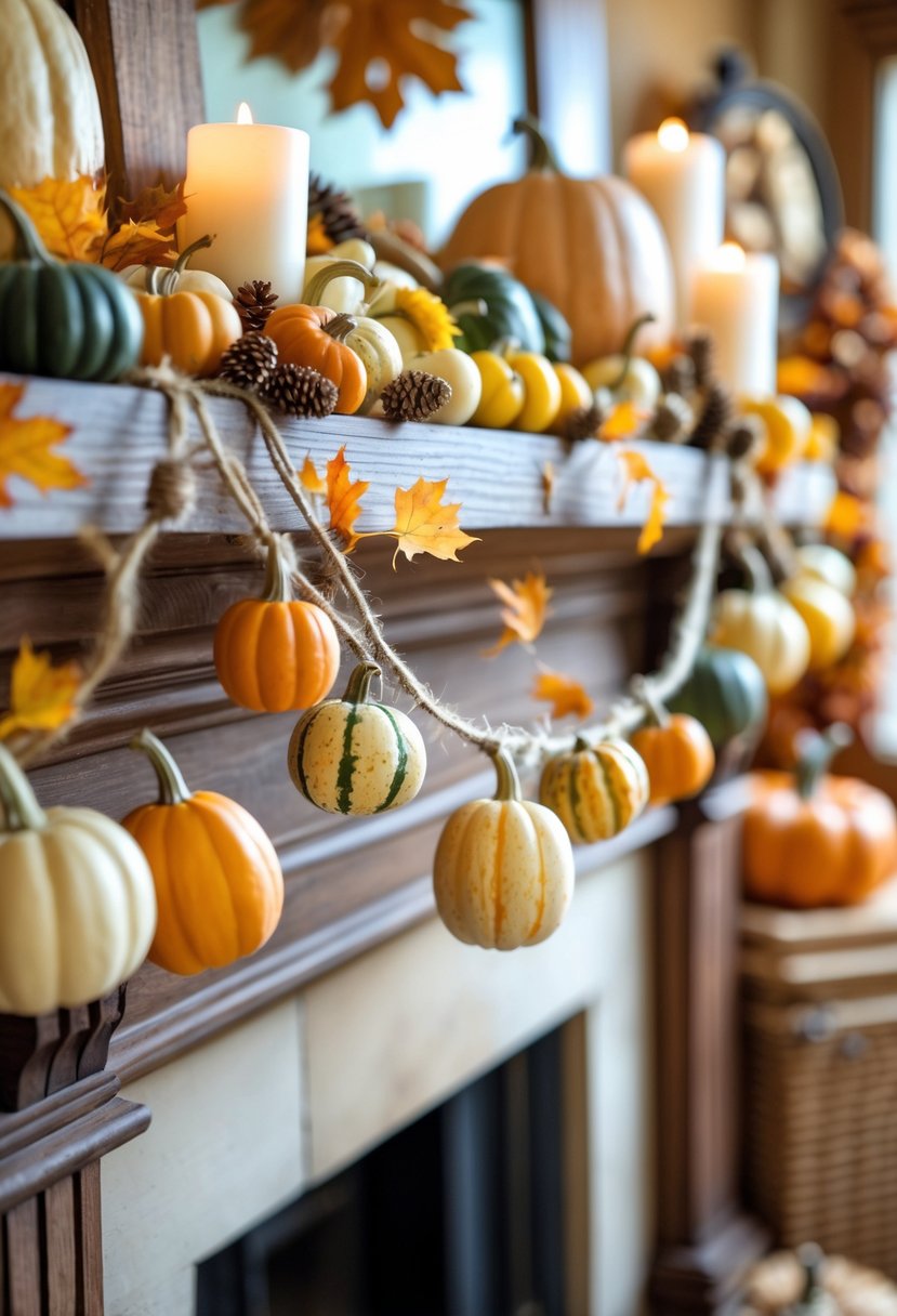 A mantel decorated with rustic gourd garlands, pumpkins, dried leaves, and pinecones in a warm autumn setting.
