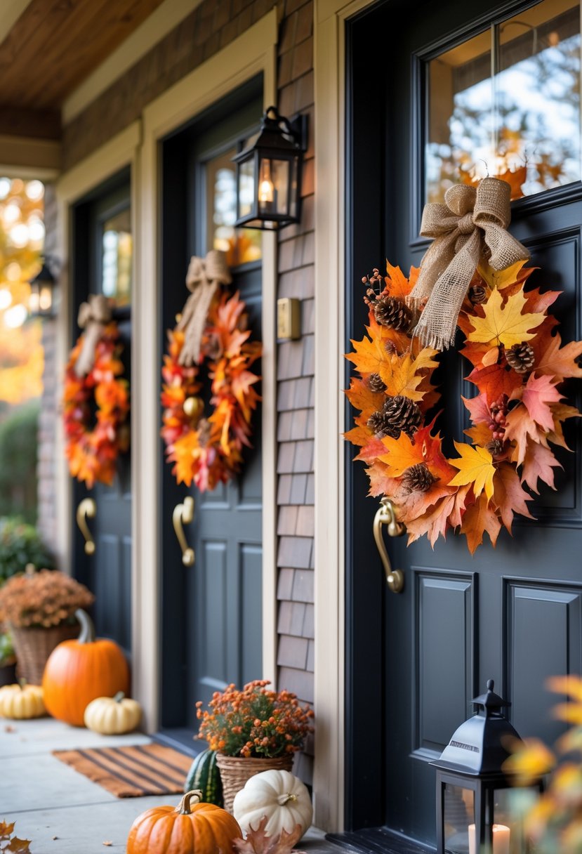 Front doors decorated with colorful autumn leaf wreaths and fall-themed decorations like pumpkins and lanterns.