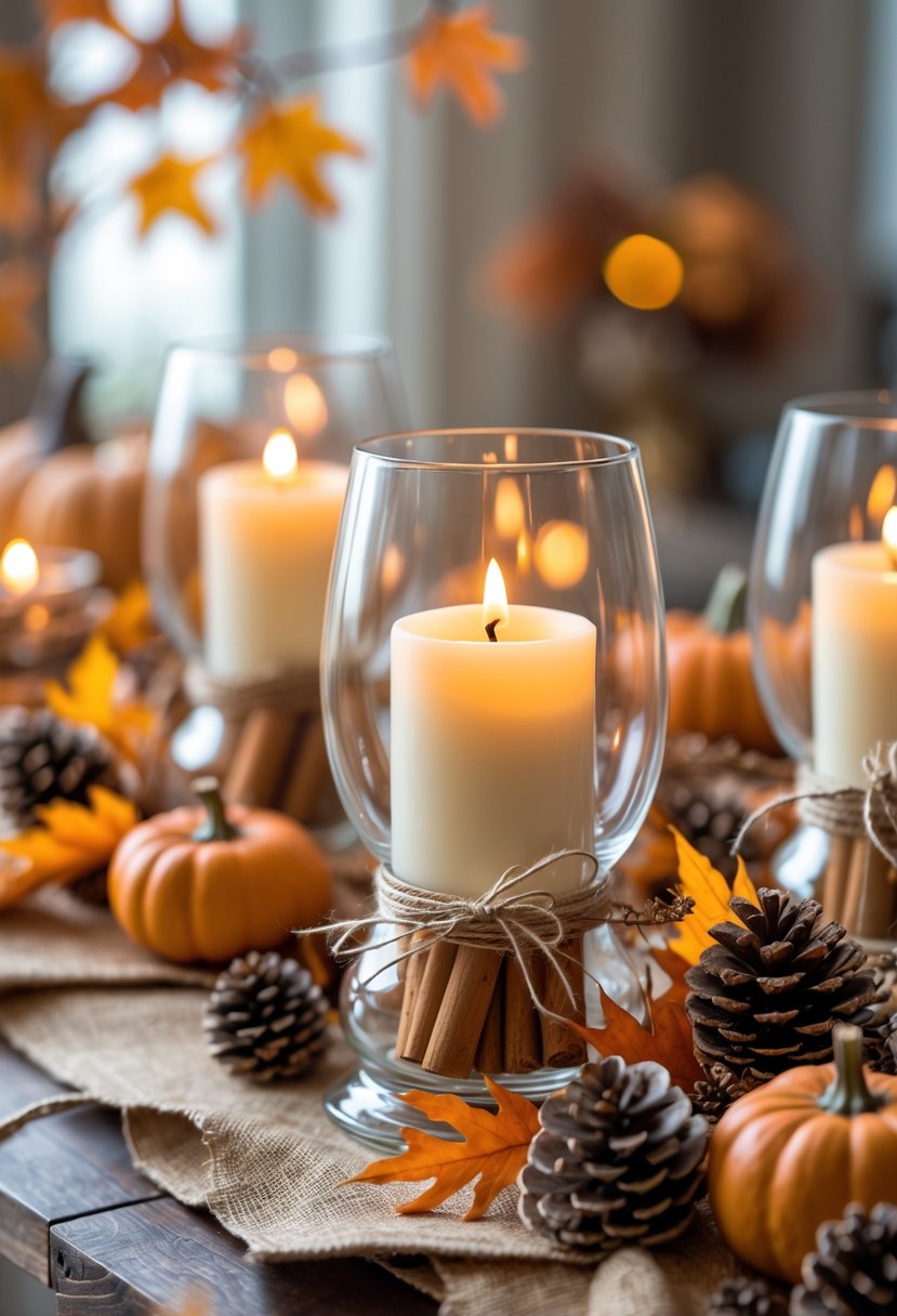 A table with candle centerpieces surrounded by cinnamon sticks, autumn leaves, pine cones, and small pumpkins.