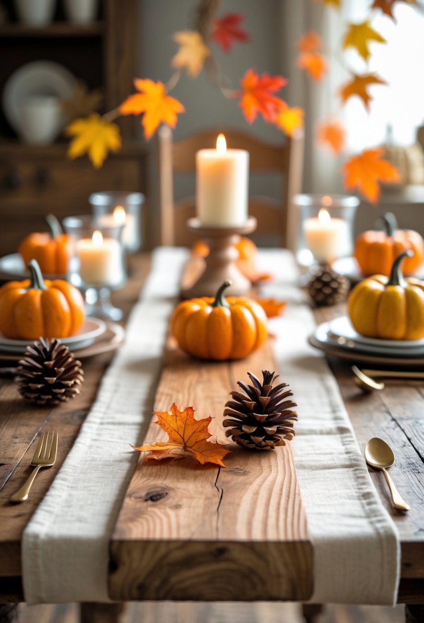 A wooden dining table with a natural wood table runner decorated with pumpkins, autumn leaves, pinecones, and candles.