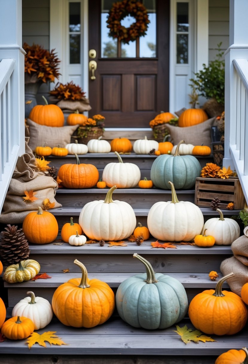 Clusters of decorative pumpkins arranged on wooden porch steps with autumn leaves and rustic fall decorations.