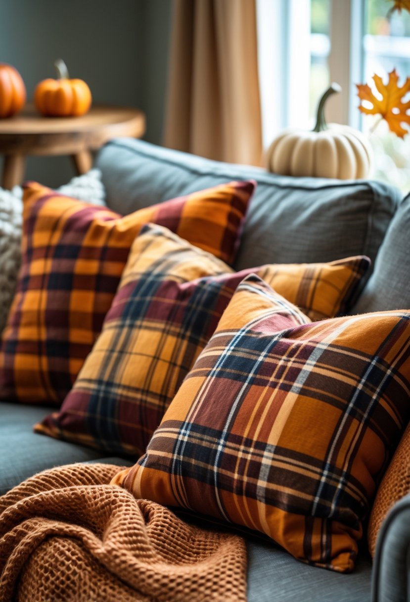 A sofa with plaid pillows in warm fall colors and autumn-themed decorations nearby.
