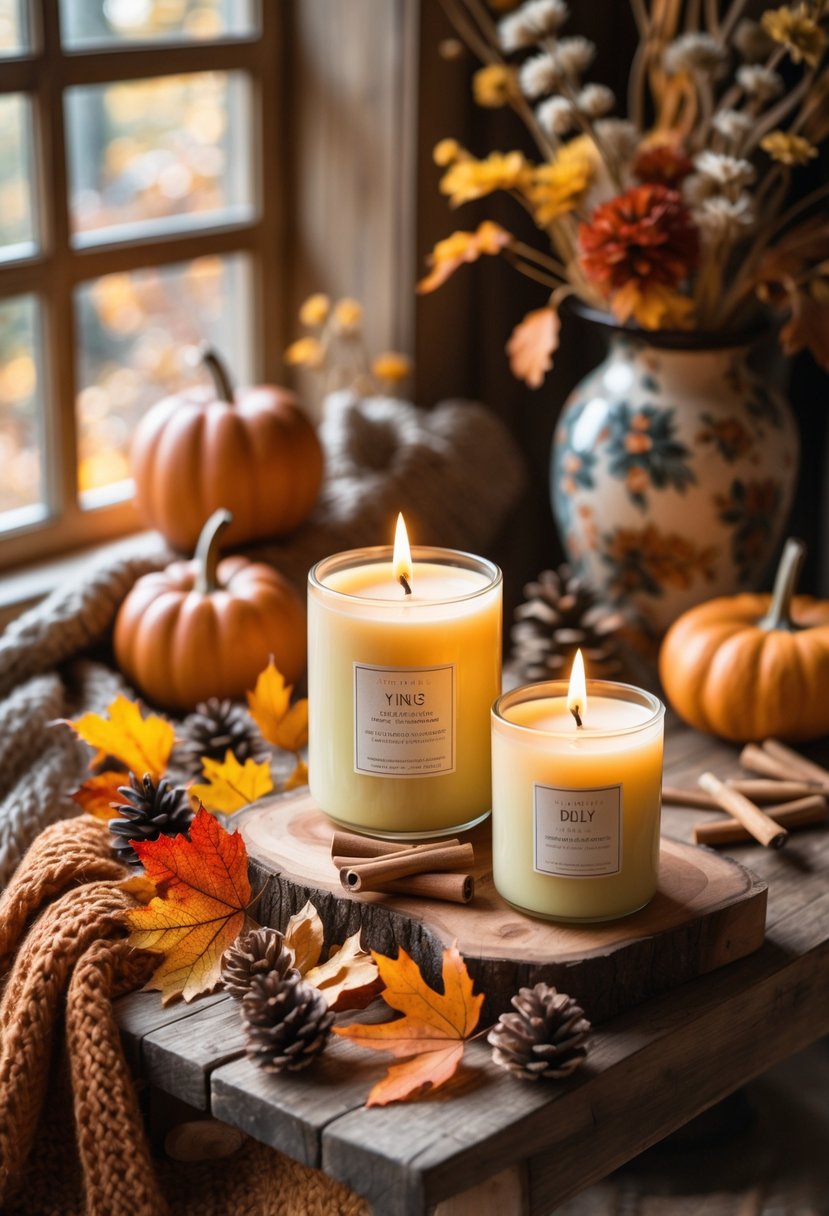 A cozy fall scene with apple-scented soy candles on a wooden table surrounded by pumpkins, leaves, pinecones, and cinnamon sticks.
