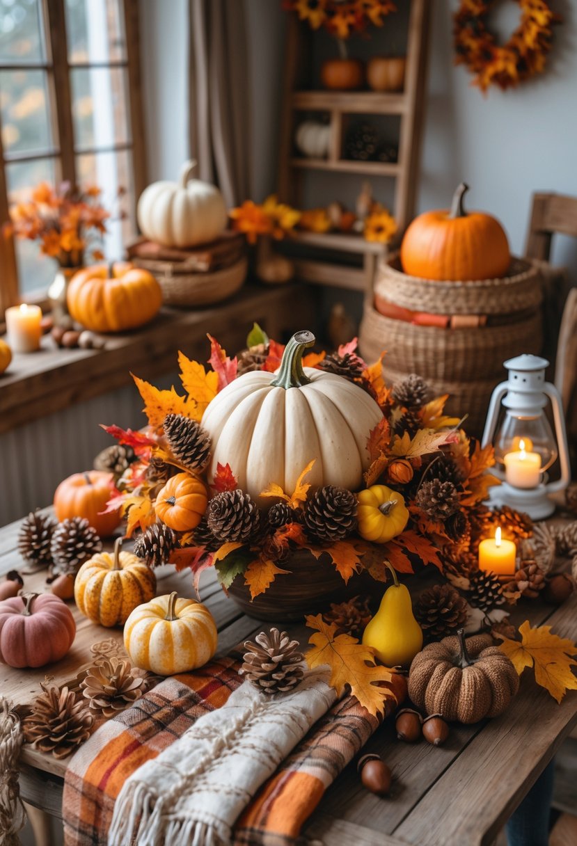 A cornucopia centerpiece on a wooden table surrounded by various fall decorations such as pumpkins, leaves, candles, baskets, and cozy textiles.