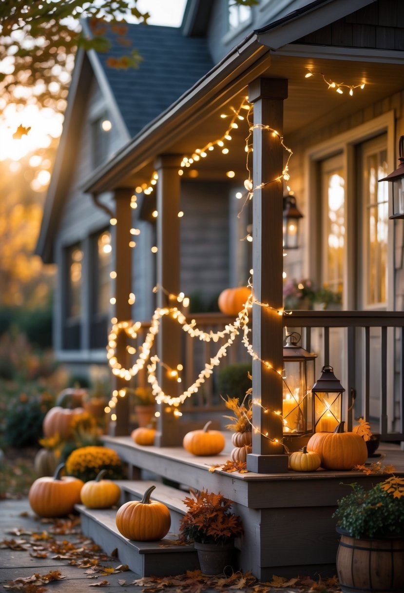 A porch with wooden railings wrapped in twinkling fairy lights, decorated with pumpkins and autumn leaves.