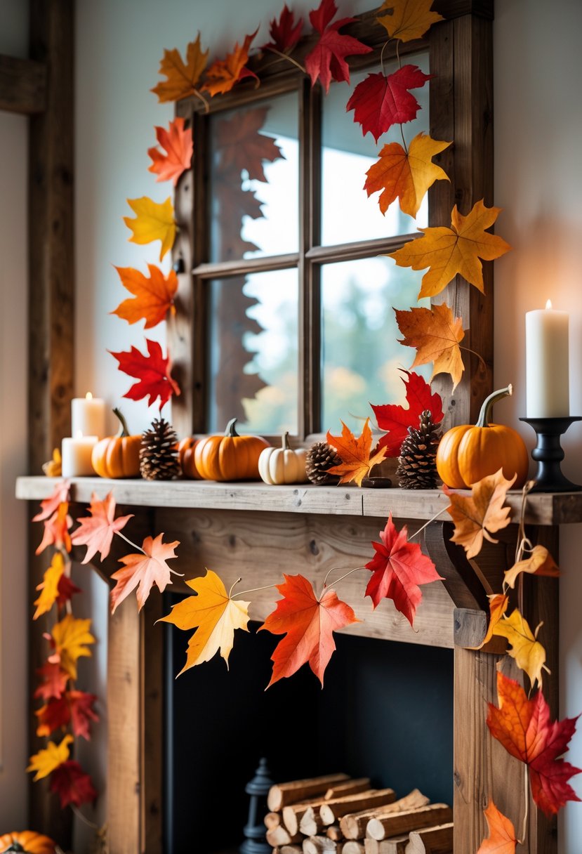 A cozy indoor scene with colorful fall leaf garlands hanging on a wooden mantel and window frame, surrounded by pumpkins and candles.