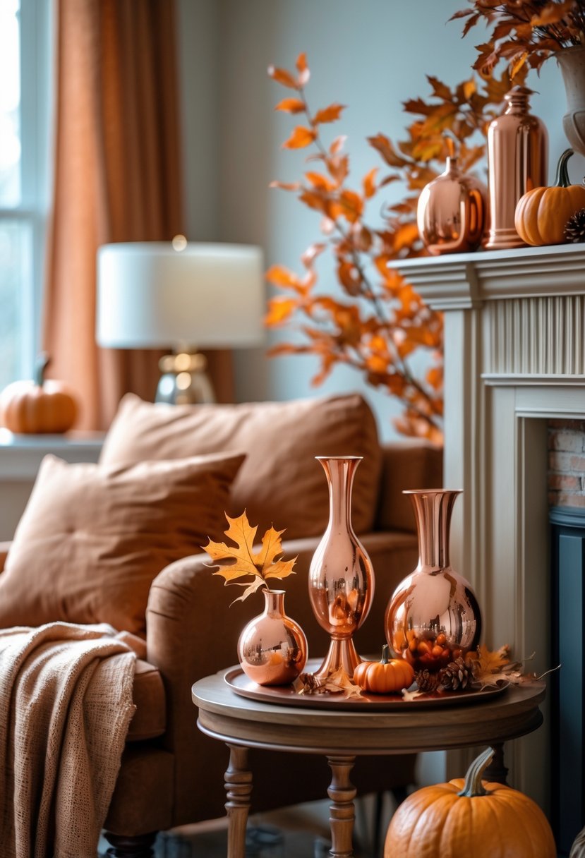A cozy living room corner decorated with copper and bronze accent pieces alongside fall elements like pumpkins, dried leaves, and blankets.