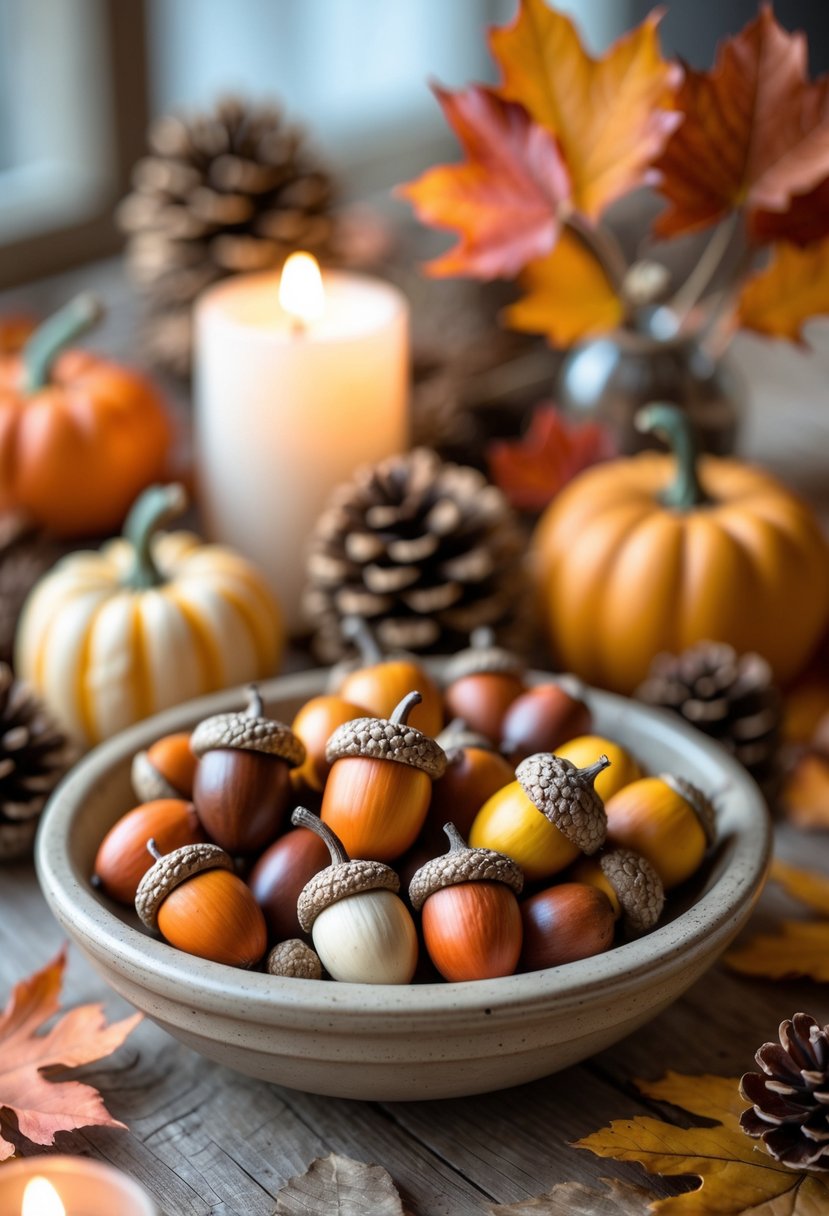 A bowl filled with decorative acorns surrounded by fall leaves, small pumpkins, and pinecones on a wooden table.