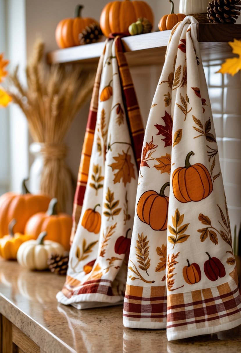 Kitchen towels with autumn-themed patterns hanging in a warm kitchen setting surrounded by fall decorations like pumpkins and pine cones.