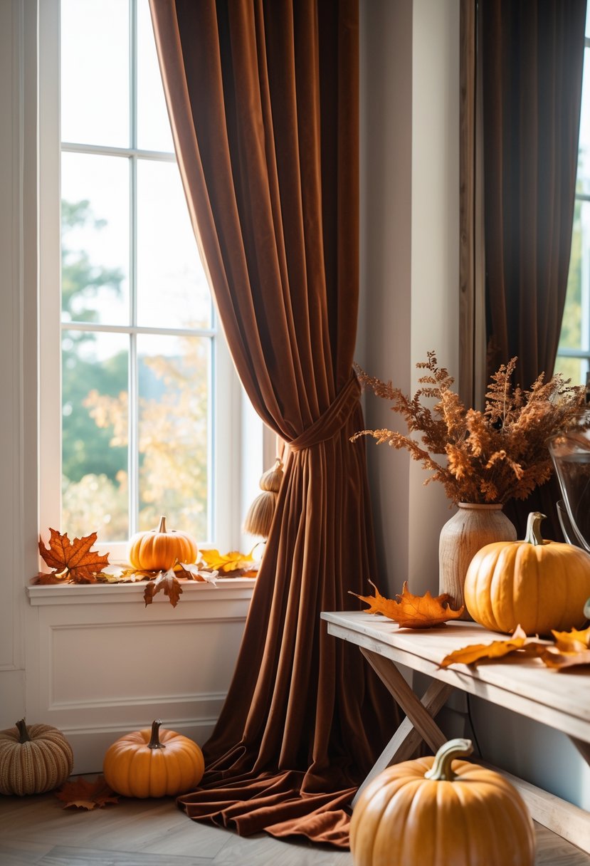 A cozy interior corner with rust-colored velvet curtains and autumn-themed decorations including pumpkins and dried leaves.
