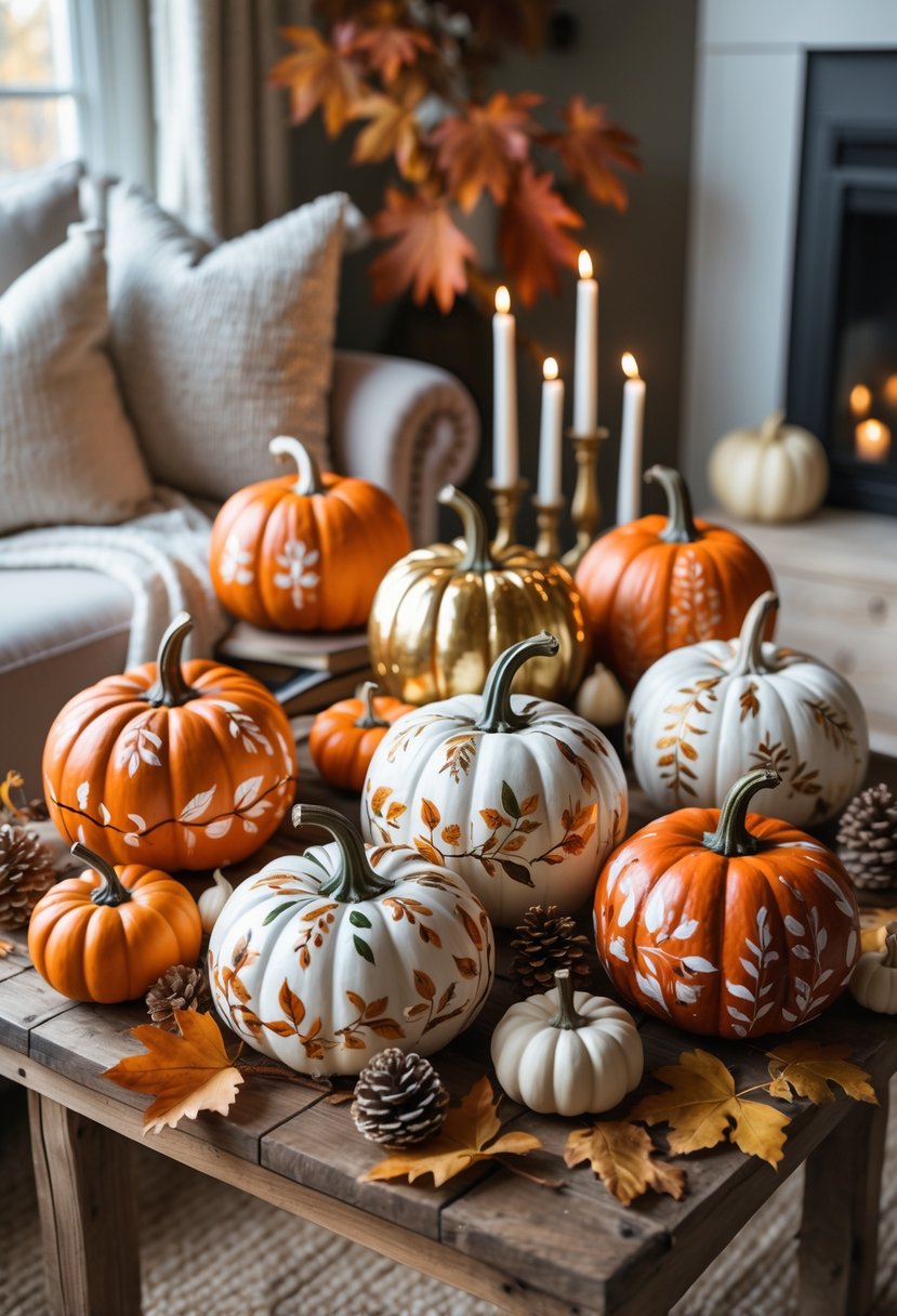 A collection of hand-painted pumpkins arranged on a wooden table with autumn leaves, pinecones, and candles in a cozy indoor setting.
