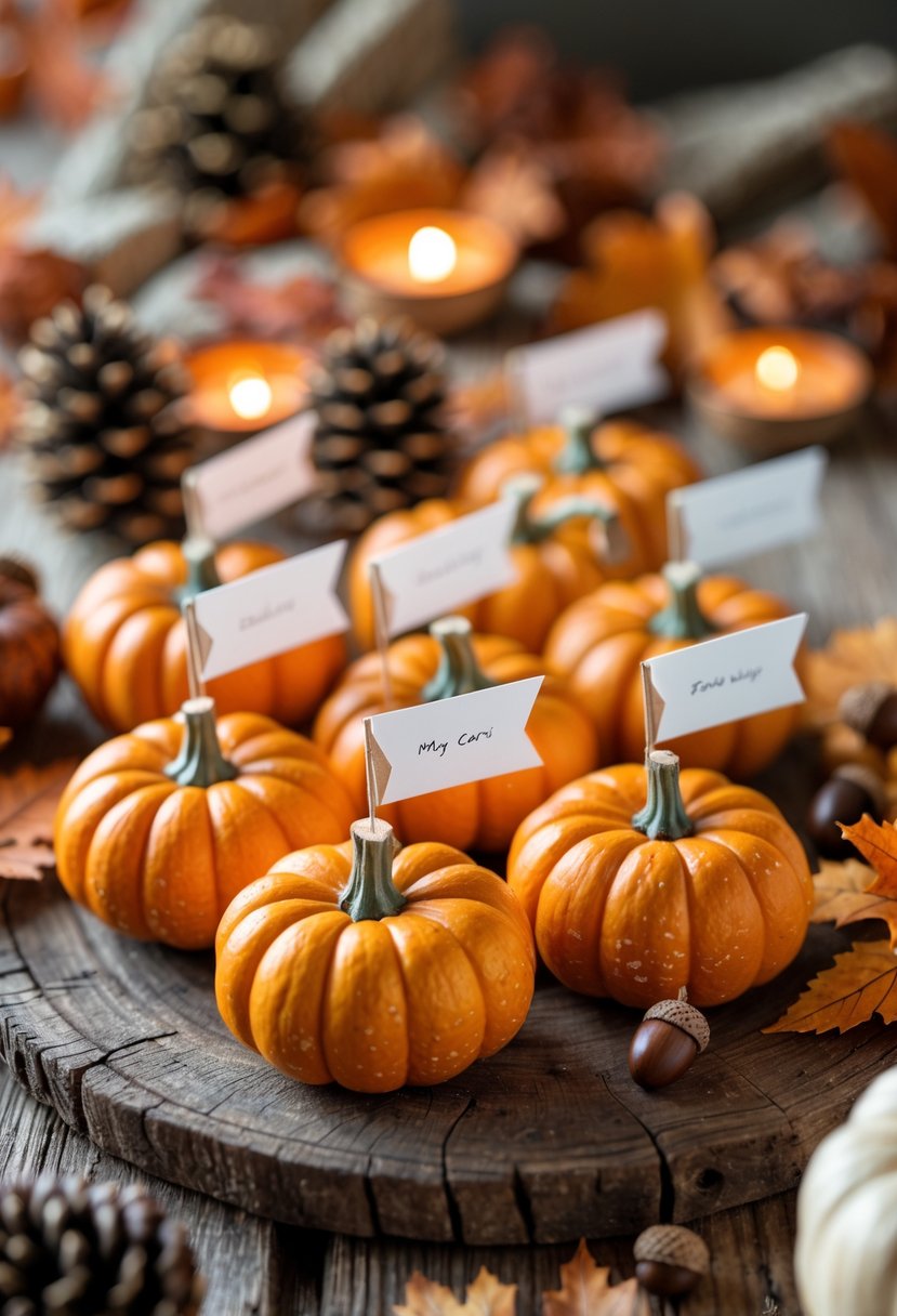 Miniature orange pumpkins arranged on a wooden table as place card holders surrounded by autumn leaves and pine cones.