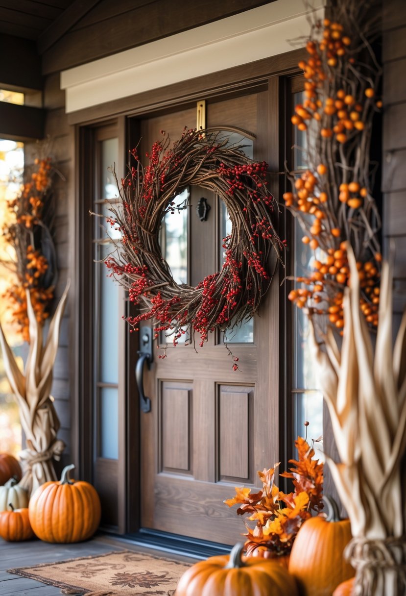 A cozy home entryway decorated with twig and berry wreaths and autumn-themed decorations.