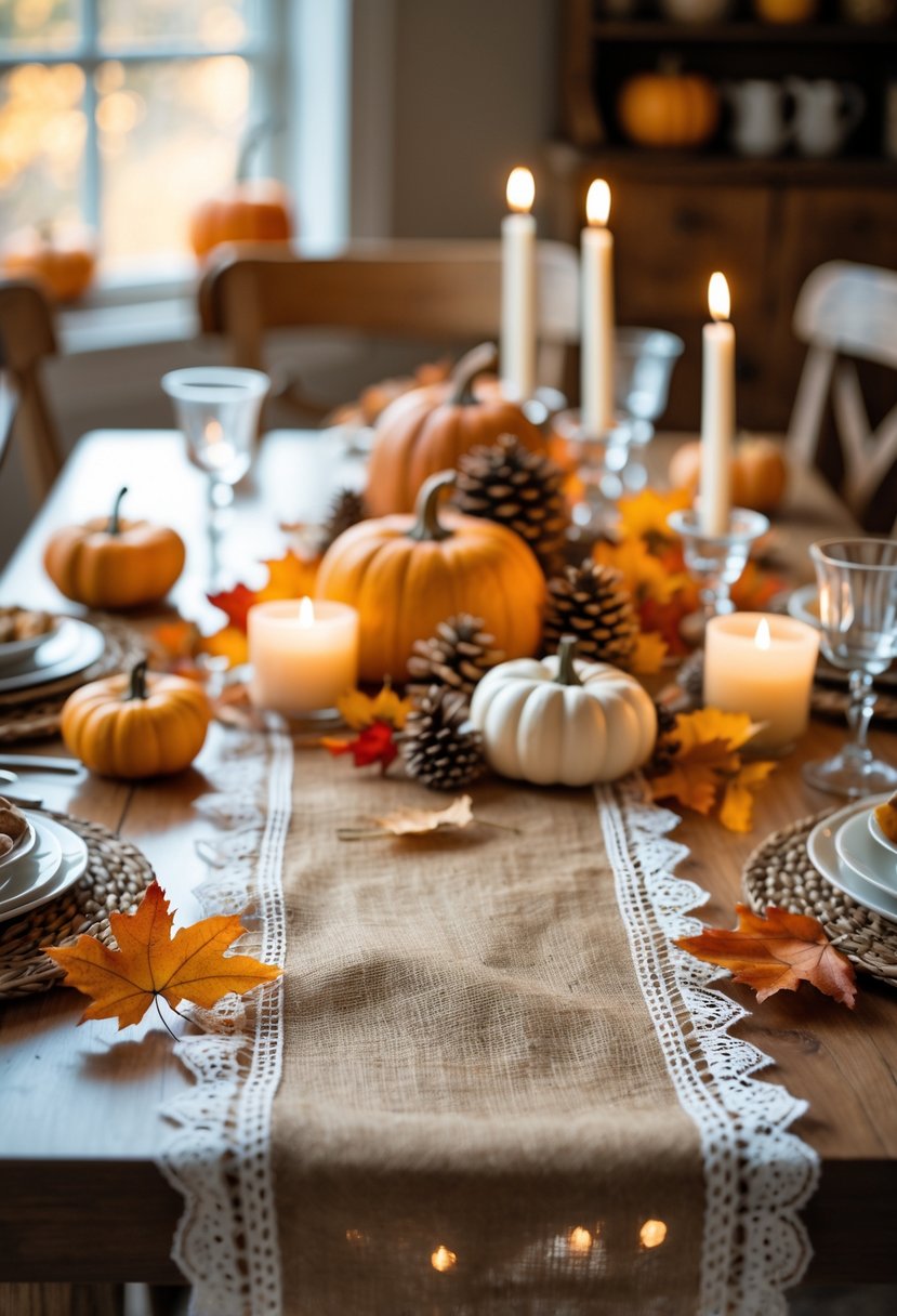 A dining table decorated with burlap and lace table runners, pumpkins, pinecones, dried autumn leaves, and candles.