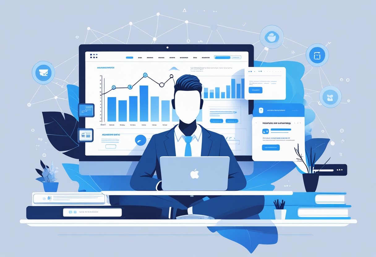 A faceless person working on a laptop surrounded by digital business icons in a modern workspace, symbolizing anonymous online business building.