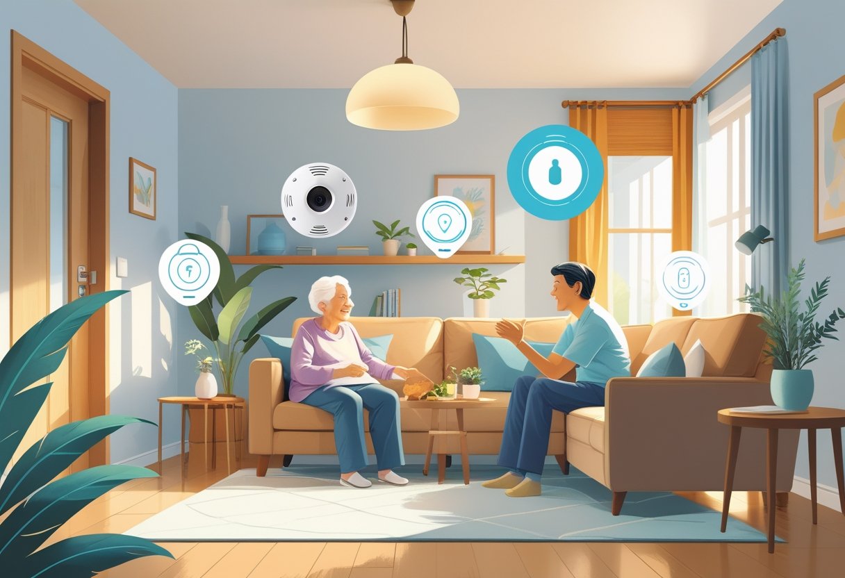 Interior de uma casa mostrando dispositivos de segurança instalados, com um idoso e um familiar interagindo em um ambiente acolhedor.