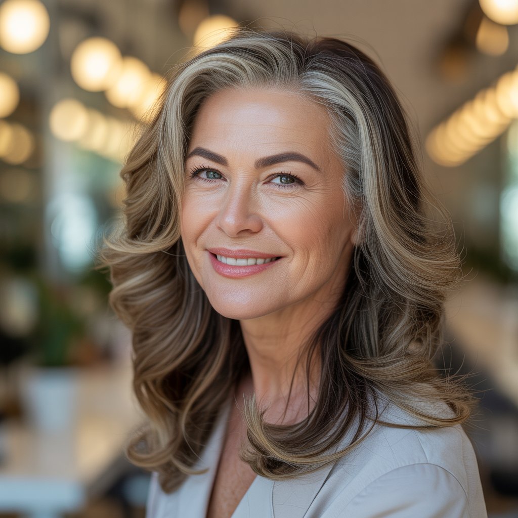 A smiling woman over 45 with natural-looking, well-colored hair in a softly blurred salon setting.