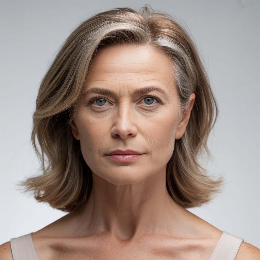 A woman over 45 with shoulder-length hair looking at the camera in a neutral studio setting.