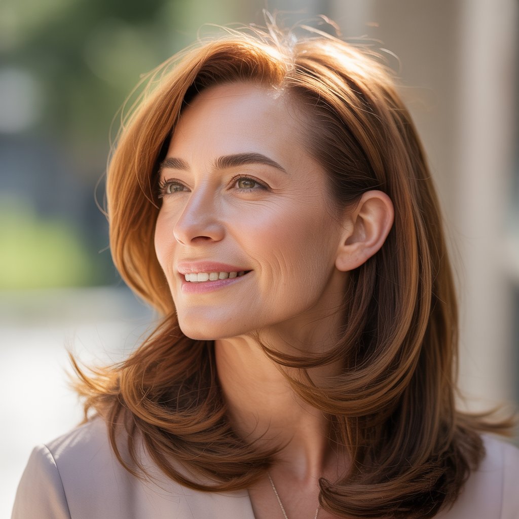 A smiling woman over 45 with warm, natural hair color and healthy shine looking slightly to the side outdoors.