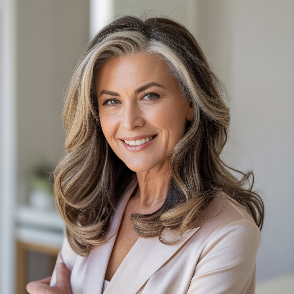A confident woman over 45 with natural-looking, well-styled hair smiling against a neutral background.
