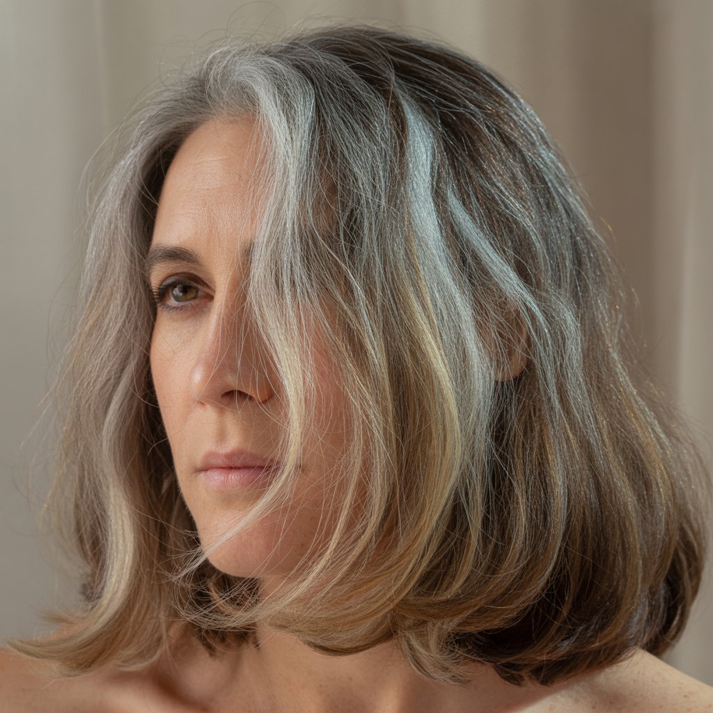 Close-up of a woman over 45 with unevenly faded hair color showing sun damage.