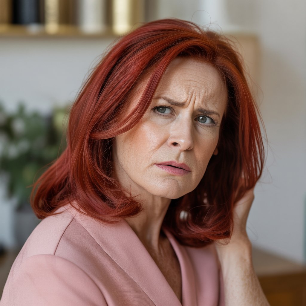 A mature woman with shoulder-length bright red hair, looking thoughtful against a neutral background.