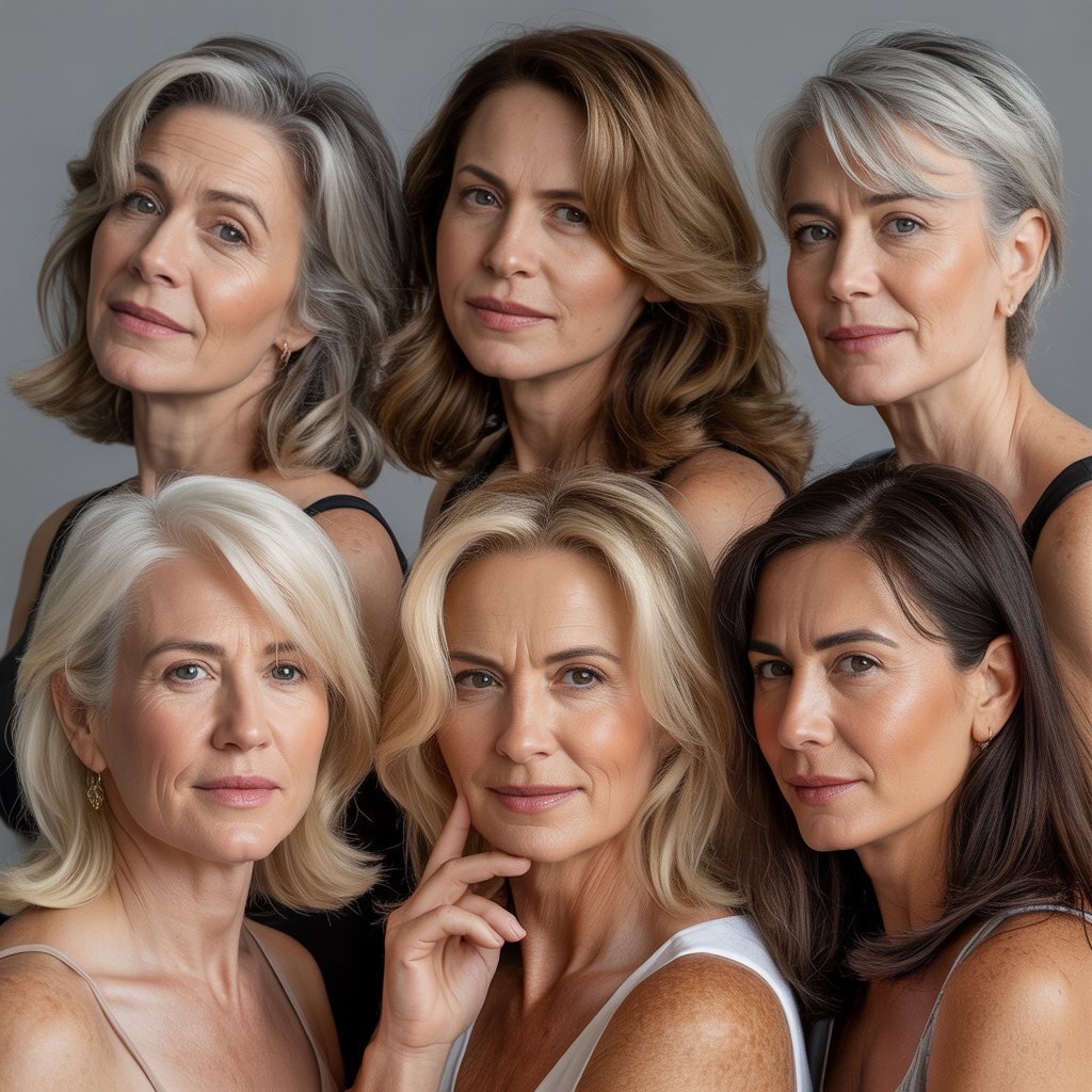 A group of women over 45 with various hair colors that do not match their skin tones, posing thoughtfully in a neutral studio setting.
