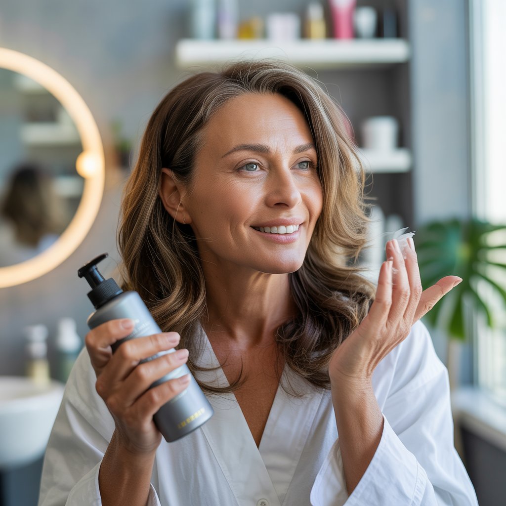 A mature woman applying deep conditioning treatment to her colored hair in a bright bathroom or salon.