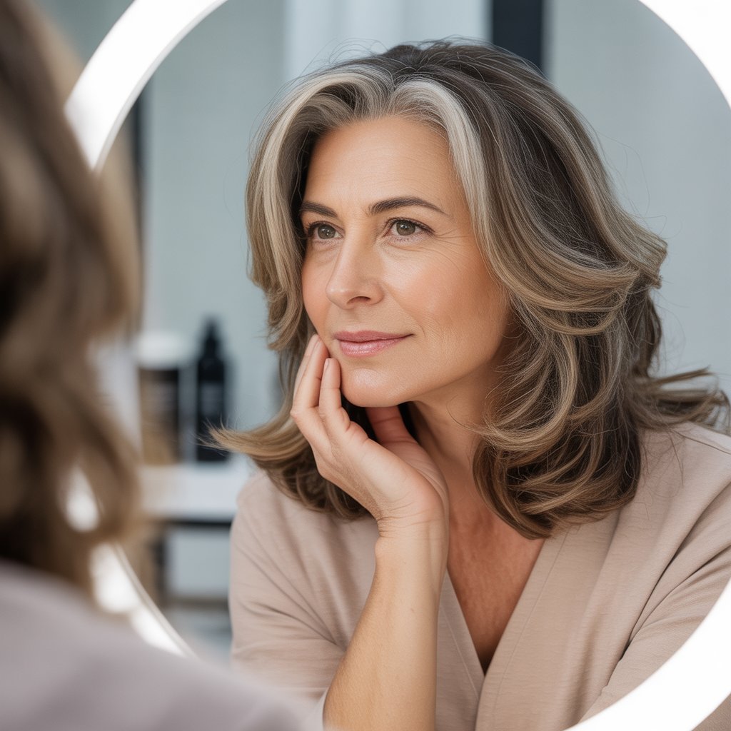 A mature woman looking at her reflection in a mirror, showing natural-looking hair color in a bright bathroom or salon.