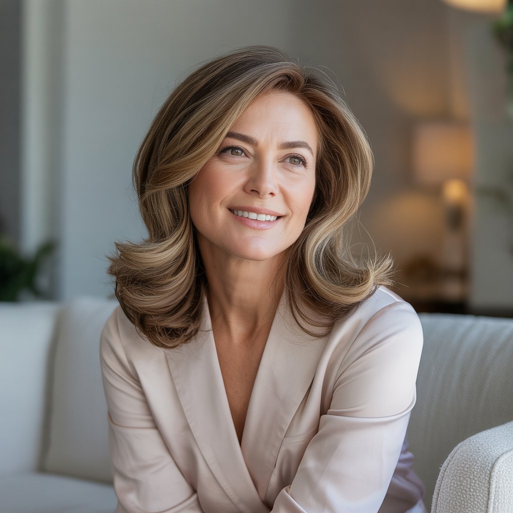 A smiling woman in her late 40s with natural-looking hair color sitting indoors in a softly lit room.