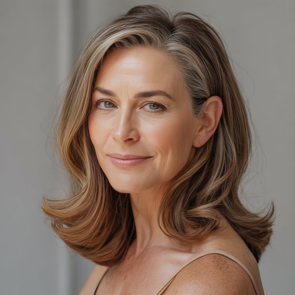 A smiling woman over 45 with cool-toned brown hair looking confidently at the camera against a plain background.