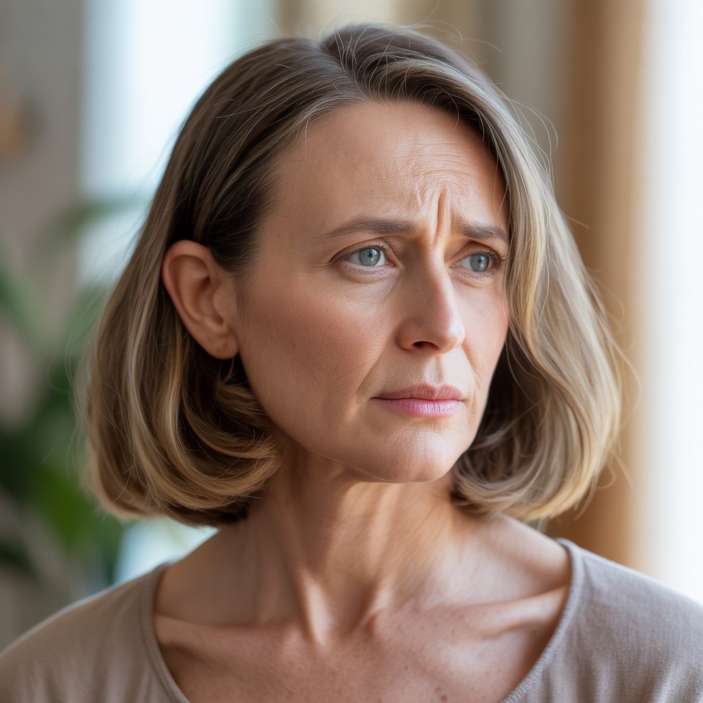 A mature woman with shoulder-length hair indoors, showing fine lines and a hair color that does not complement her skin tone.