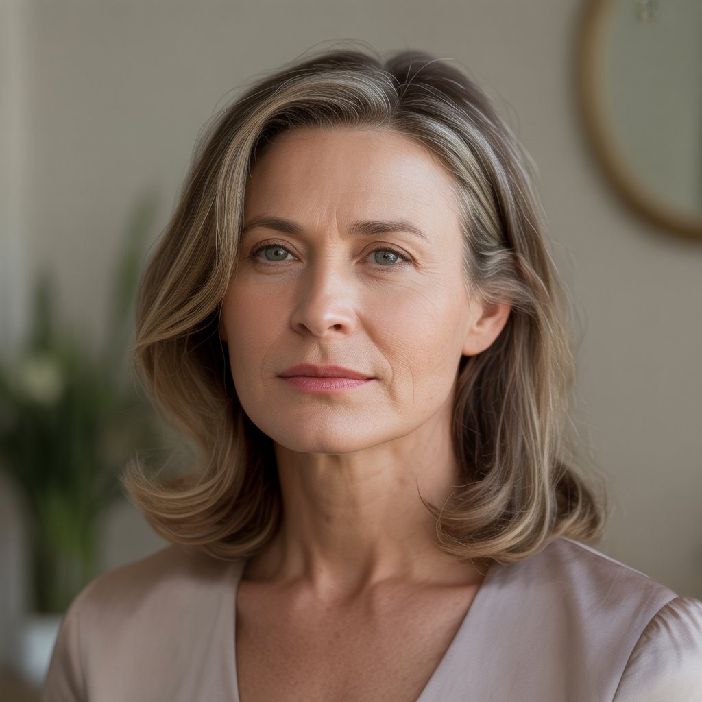 A mature woman with medium-length hair and a washed-out complexion, sitting indoors against a neutral background.