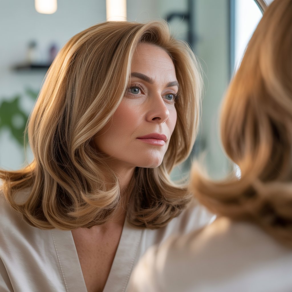 A woman over 45 looking at her shiny, healthy hair in a mirror in a bright bathroom or salon.
