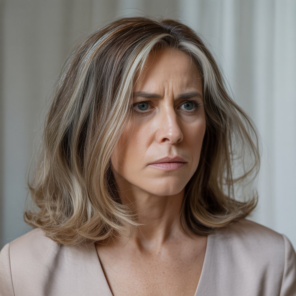A middle-aged woman with dull, damaged hair showing signs of overprocessing.