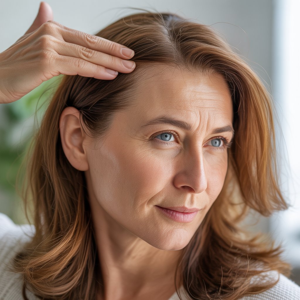 A mature woman gently touching her scalp, showing healthy, vibrant hair and a calm expression.