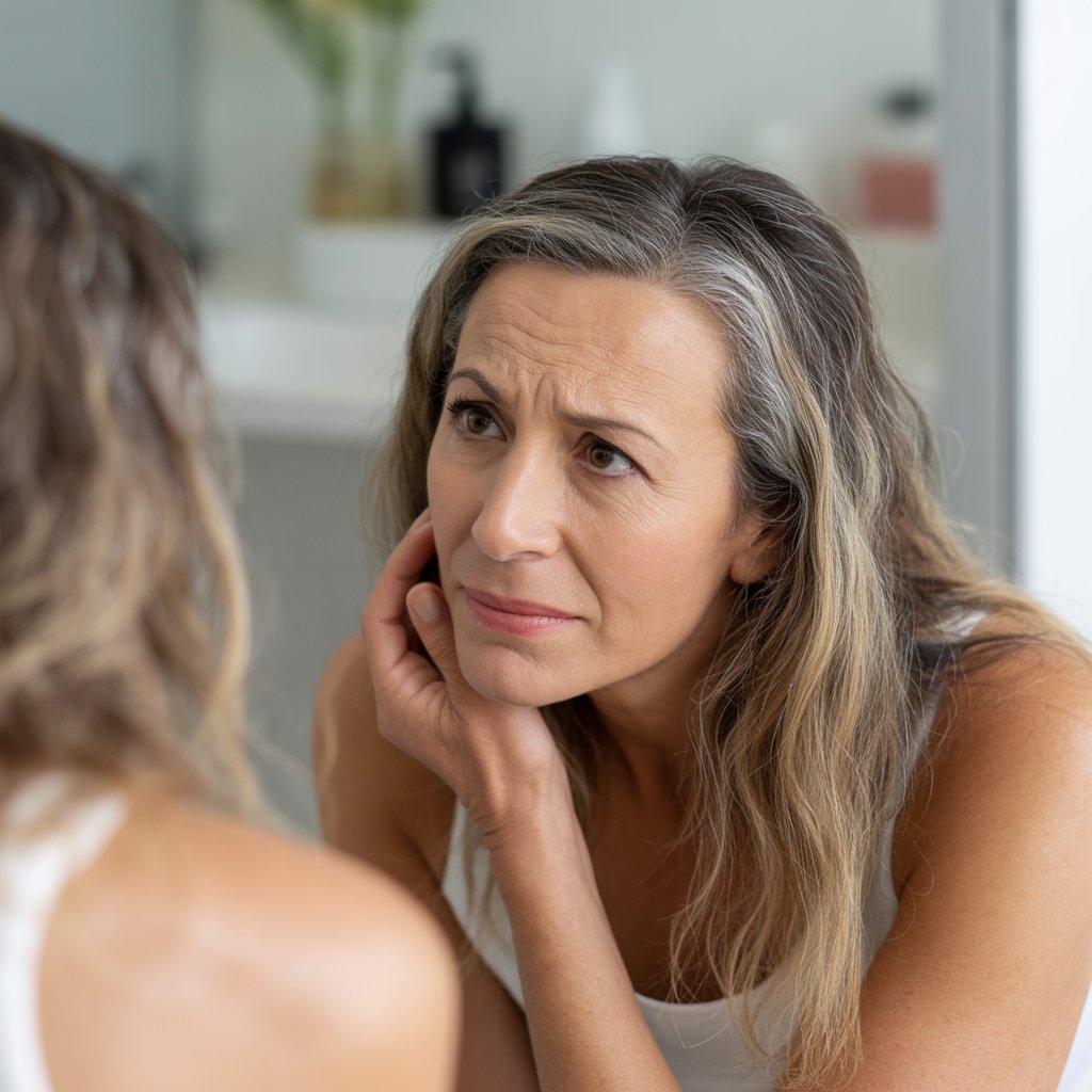 A middle-aged woman looking at her hair in a mirror, showing uneven hair color and visible roots.