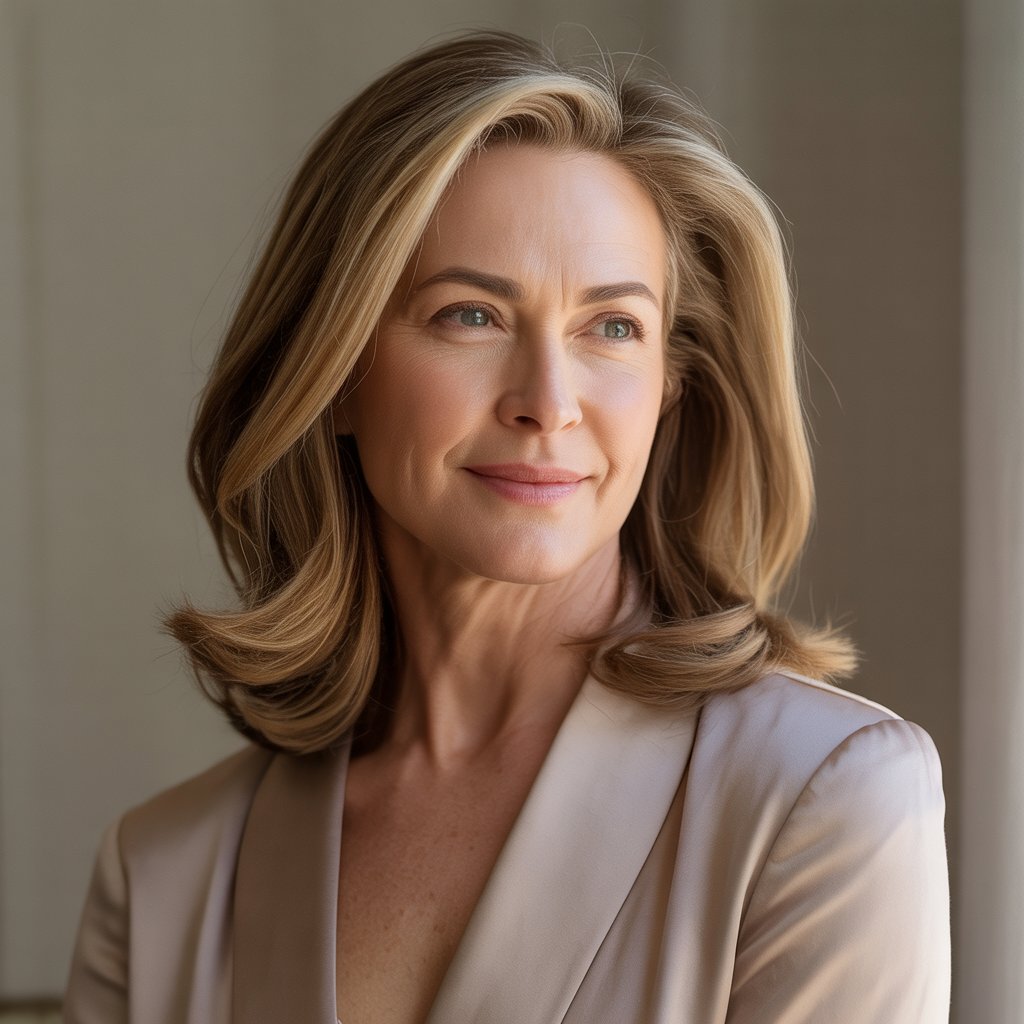 A confident middle-aged woman with shoulder-length hair standing against a neutral background.