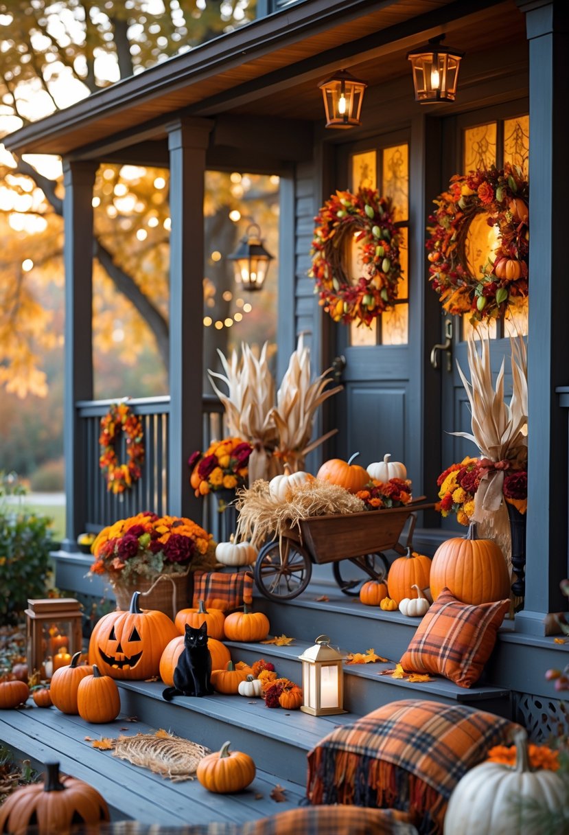 15 Fall Halloween Decor Ideas 2025 to Elevate Your Seasonal Style 2 A porch and garden decorated with carved pumpkins, lanterns, autumn wreaths, string lights, gourds, hay, flowers, and cozy blankets for fall and Halloween.