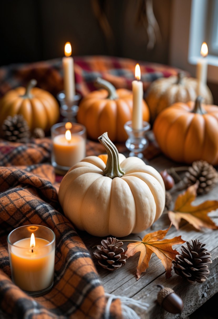 15 Fall Halloween Decor Ideas 2025 to Elevate Your Seasonal Style 3 A cozy arrangement of pumpkins, plaid blankets, and lit candles on a wooden surface with autumn leaves and pinecones.