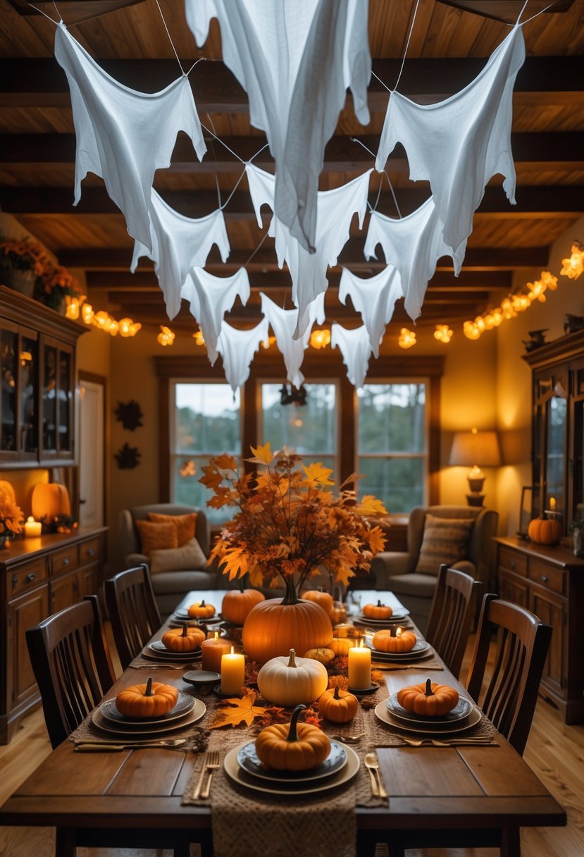 15 Fall Halloween Decor Ideas 2025 to Elevate Your Seasonal Style 4 An upside-down dining room with hanging ghost decorations and autumn-themed table settings for Halloween.