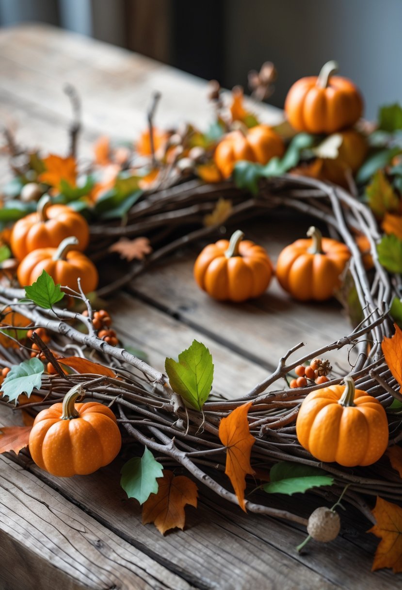 15 Fall Halloween Decor Ideas 2025 to Elevate Your Seasonal Style 5 A rustic garland made of twigs, green leaves, and small orange mini pumpkins arranged on a wooden surface.