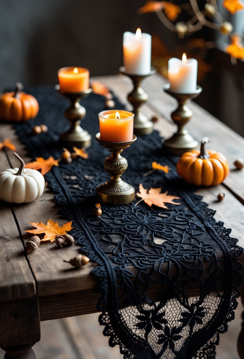 15 Fall Halloween Decor Ideas 2025 to Elevate Your Seasonal Style 6 A black lace table runner on a wooden table with vintage candle holders holding white and orange candles, surrounded by small pumpkins and autumn leaves.