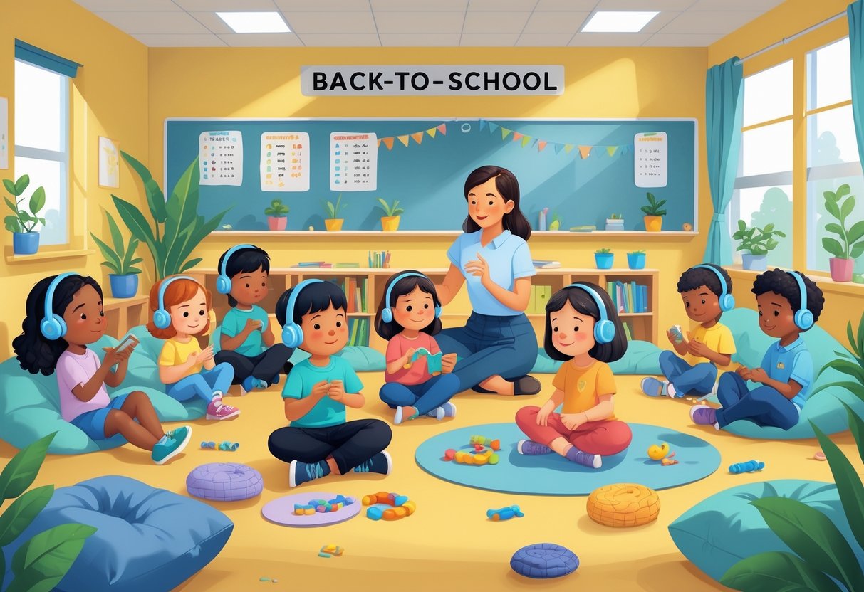 A classroom with children using sensory tools and a teacher providing gentle support in a calm, comfortable environment.