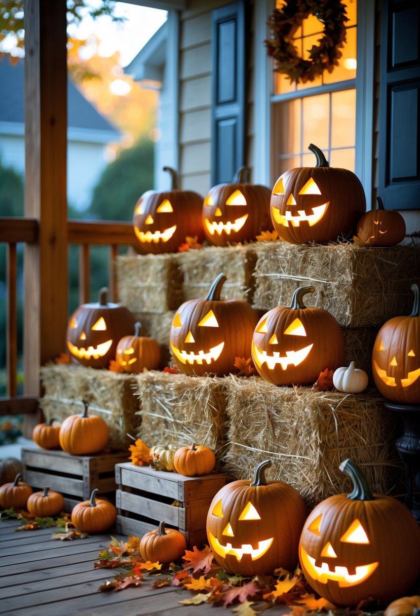 15 Fall Halloween Decor Ideas 2025 to Elevate Your Seasonal Style 7 A porch decorated with hay bales and carved glowing jack-o'-lanterns surrounded by pumpkins and autumn leaves.