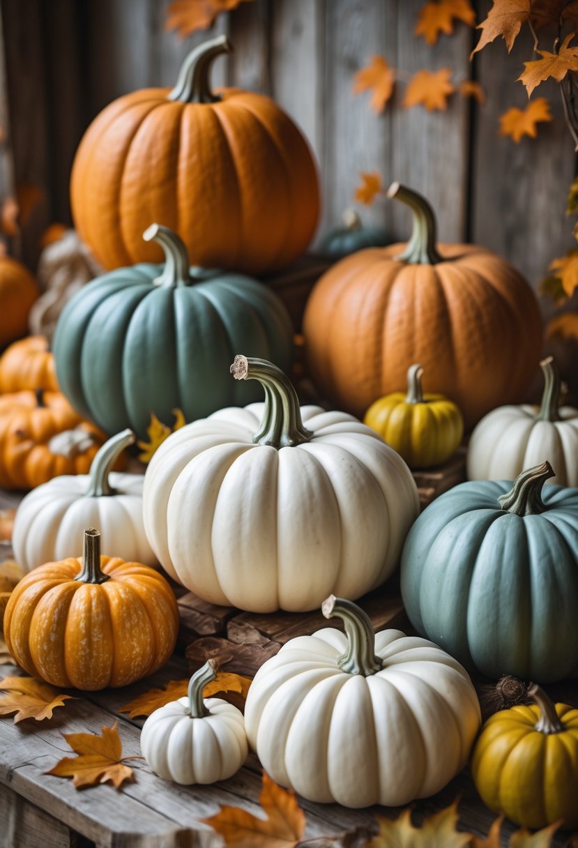 15 Fall Halloween Decor Ideas 2025 to Elevate Your Seasonal Style 8 An arrangement of real and faux pumpkins in different sizes and colors displayed on a wooden surface with autumn leaves.