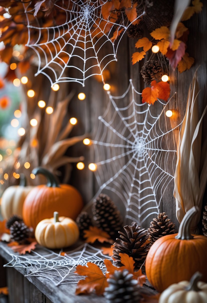 15 Fall Halloween Decor Ideas 2025 to Elevate Your Seasonal Style 9 A fall Halloween scene with spider webs, warm string lights, pumpkins, and autumn leaves arranged on a wooden surface.