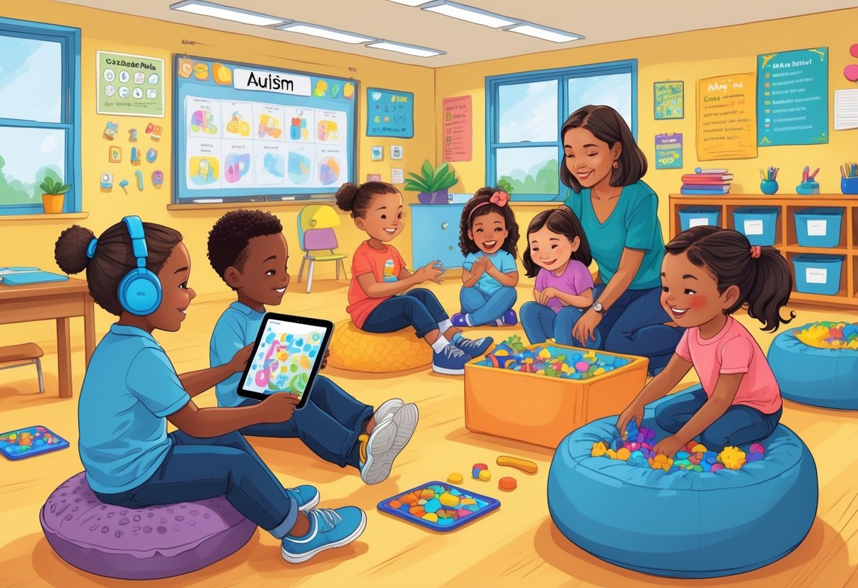 Children in a classroom using sensory-friendly tools like noise-canceling headphones, fidget toys, and textured cushions, with a teacher assisting them in a calm and organized environment.
