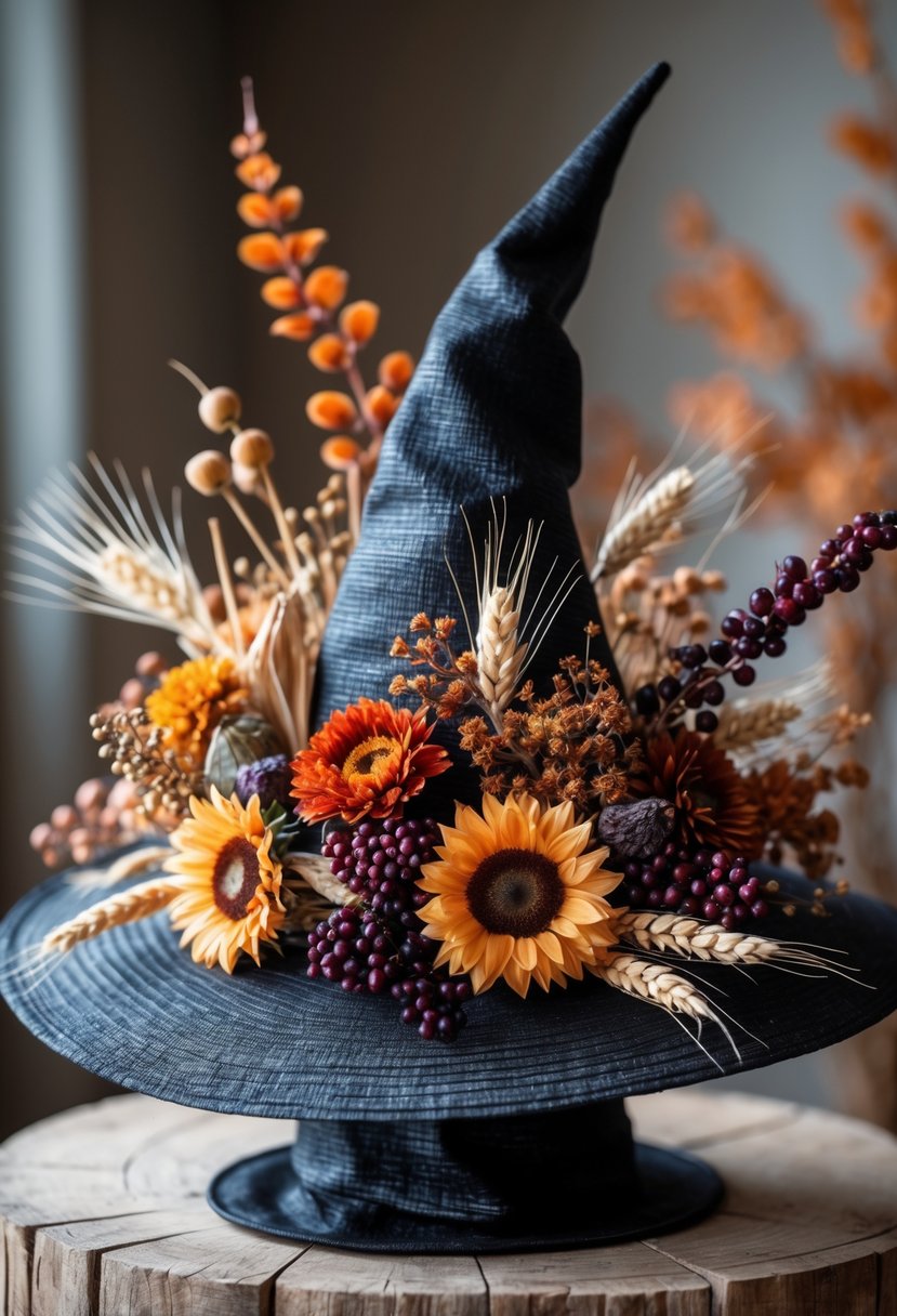 15 Fall Halloween Decor Ideas 2025 to Elevate Your Seasonal Style 10 A witch hat decorated with dried flowers and berries sits on a wooden table surrounded by soft autumn colors.