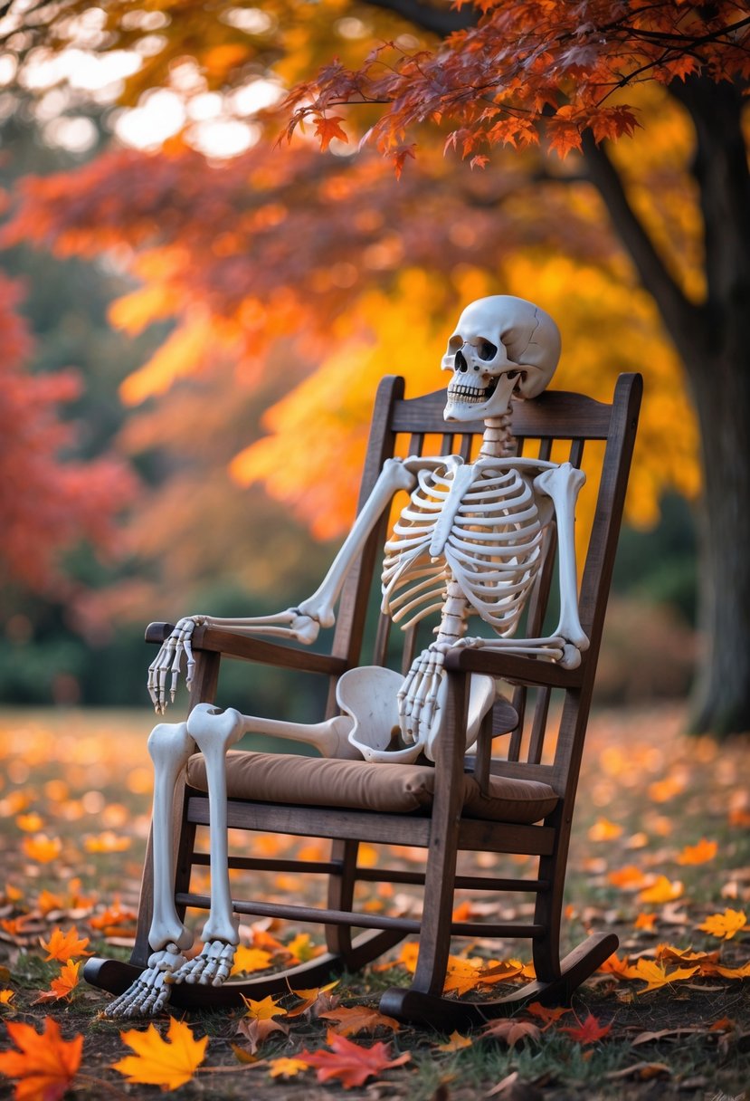 15 Fall Halloween Decor Ideas 2025 to Elevate Your Seasonal Style 11 A skeleton sitting on a wooden rocking chair outdoors surrounded by autumn leaves.